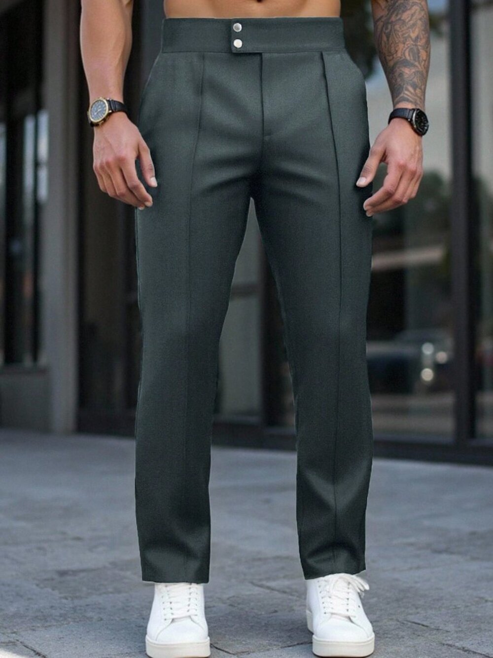 Dark Grey Business Men's Regular Fit Zipper Fly Long Plain Mid Waist Suit Pants